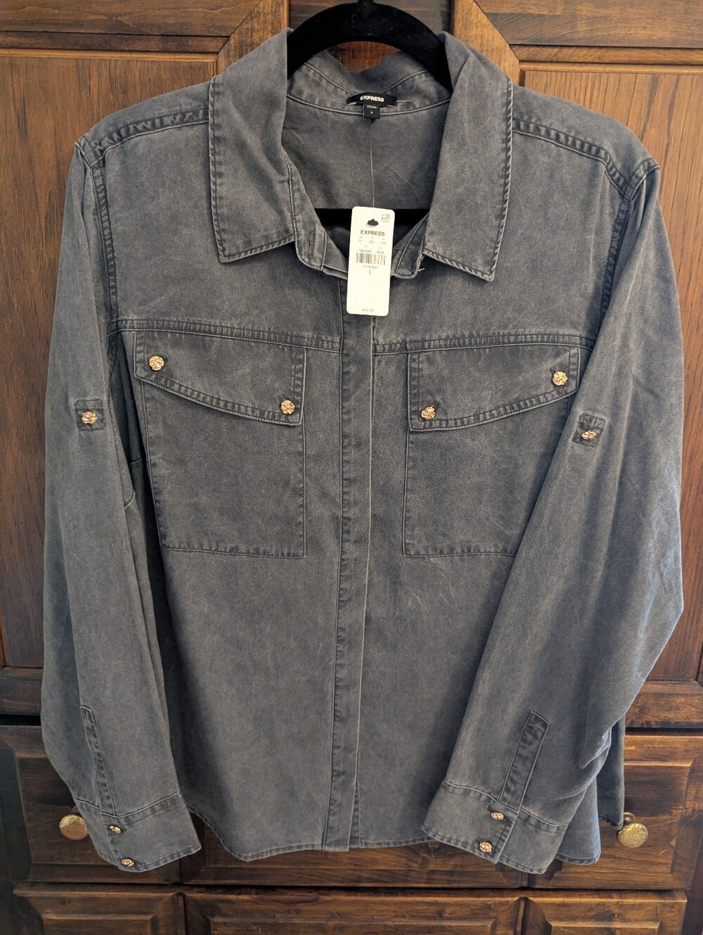 NWT Express Novelty Button Front Pocket Shirt In  Pitch Black